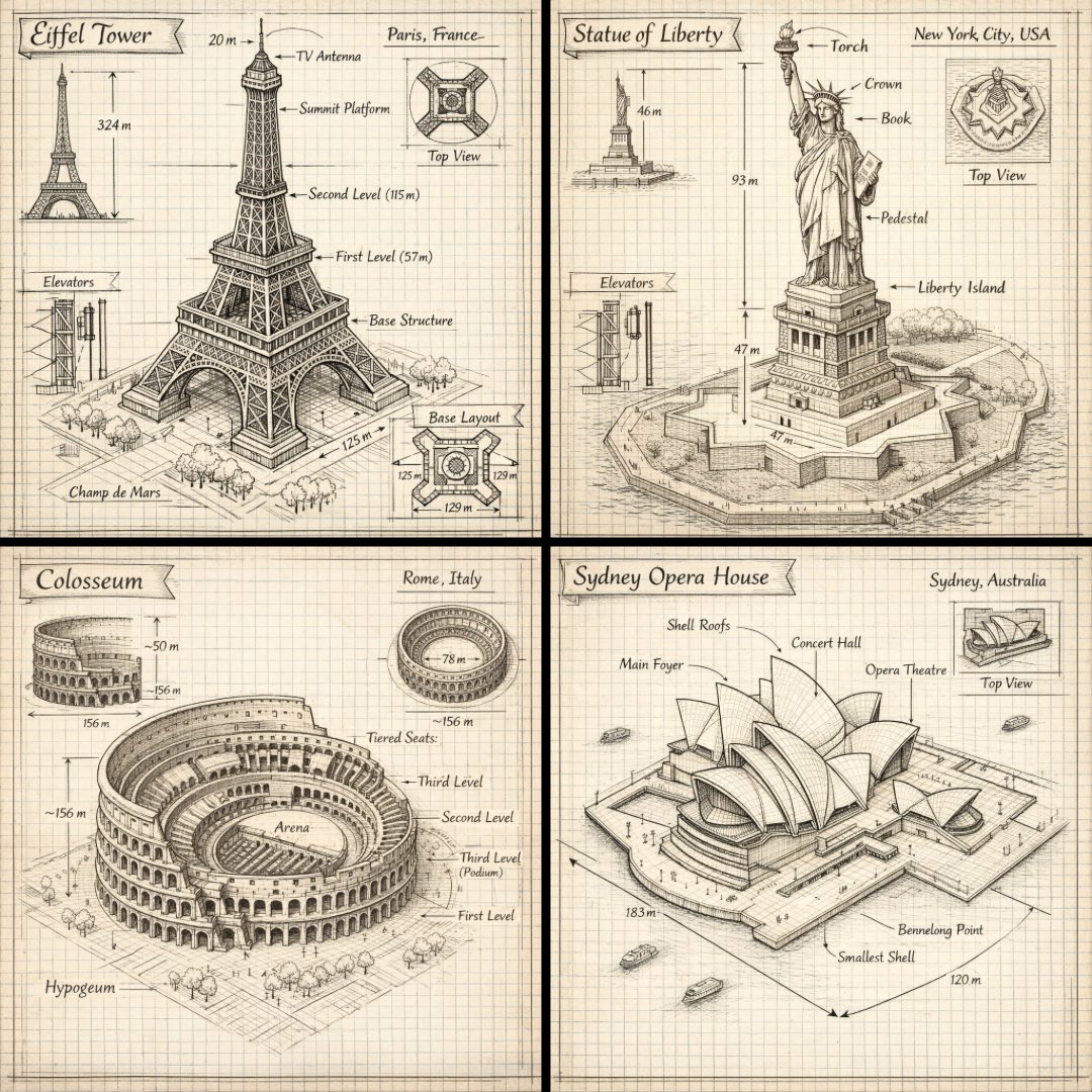 Create a hand drawn isometric schematic diagram of [LANDMARK]. 1080x10