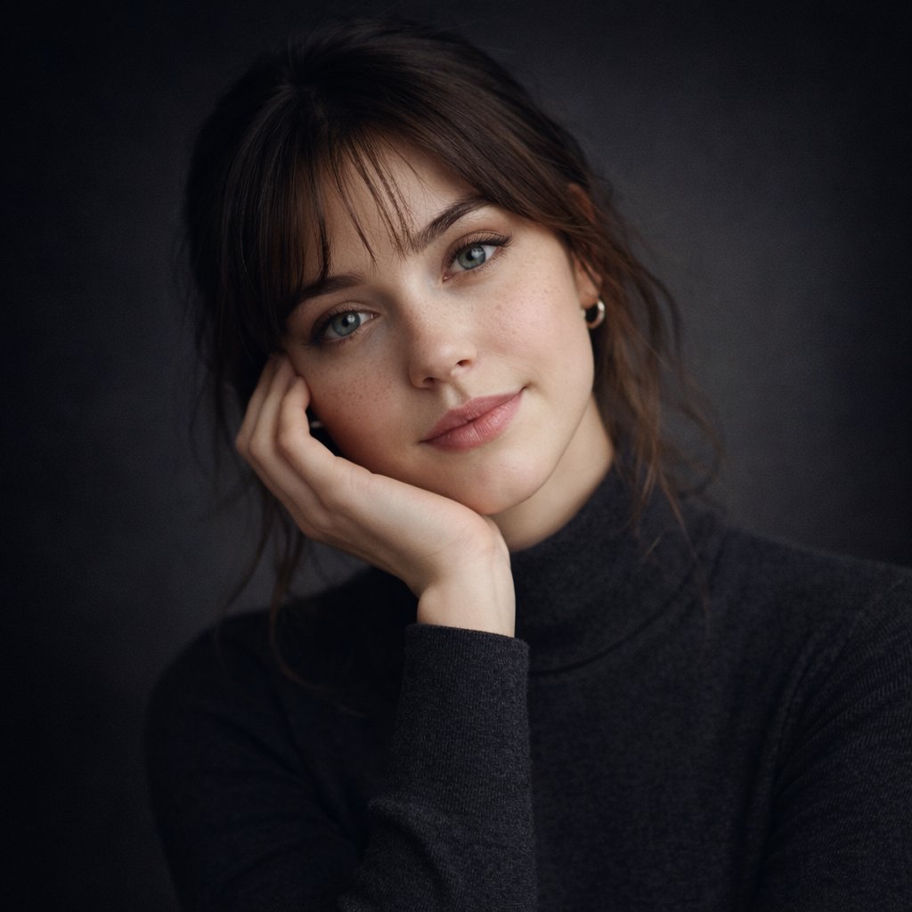 Ultra-realistic studio portrait of a young woman, front-facing, center
