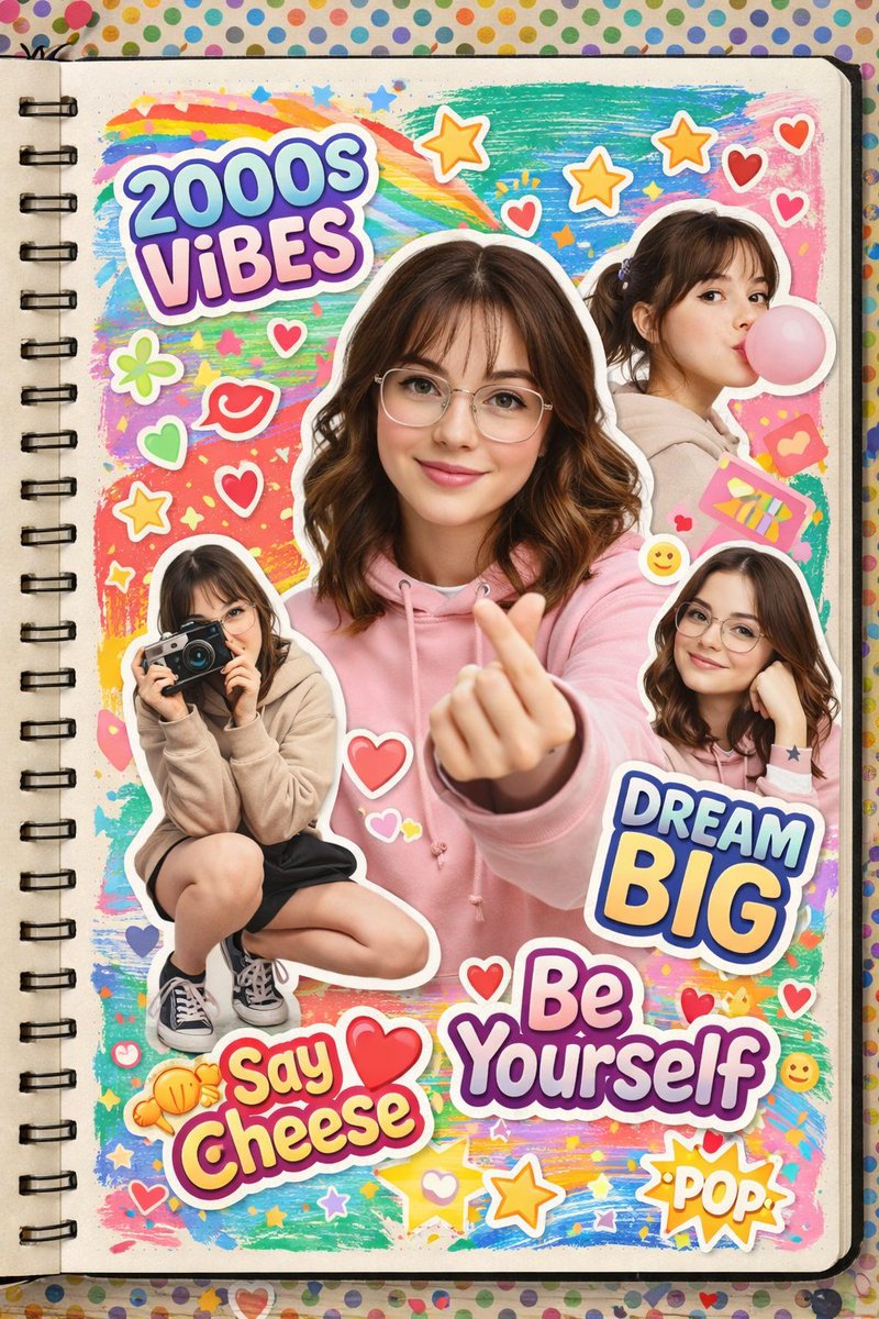 A vibrant 2000s scrapbook-style collage featuring the same young woman