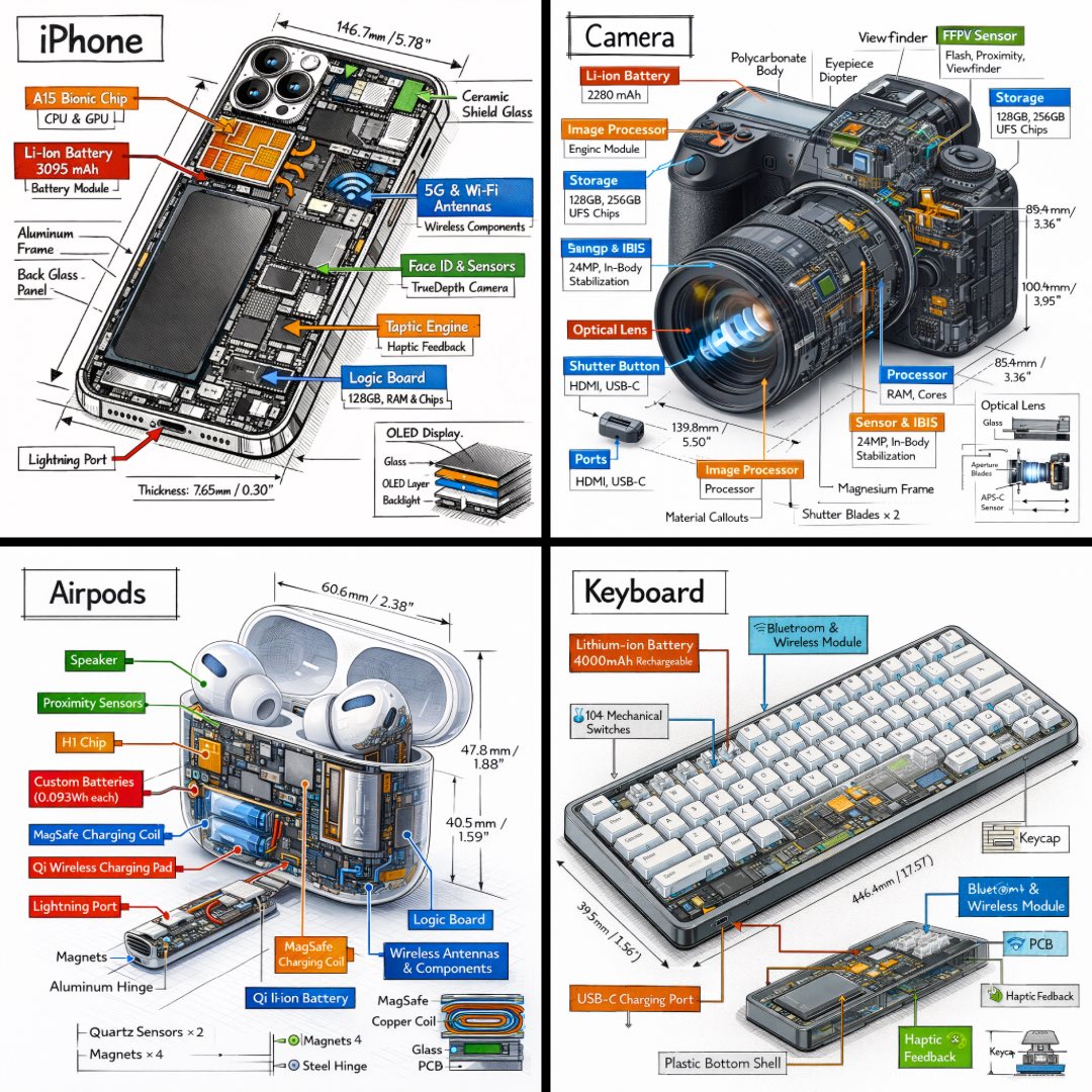 Create a technical infographic of [OBJECT] with a 45-degree isometric