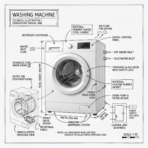 Create an infographic image of [washing machine], combining a realisti