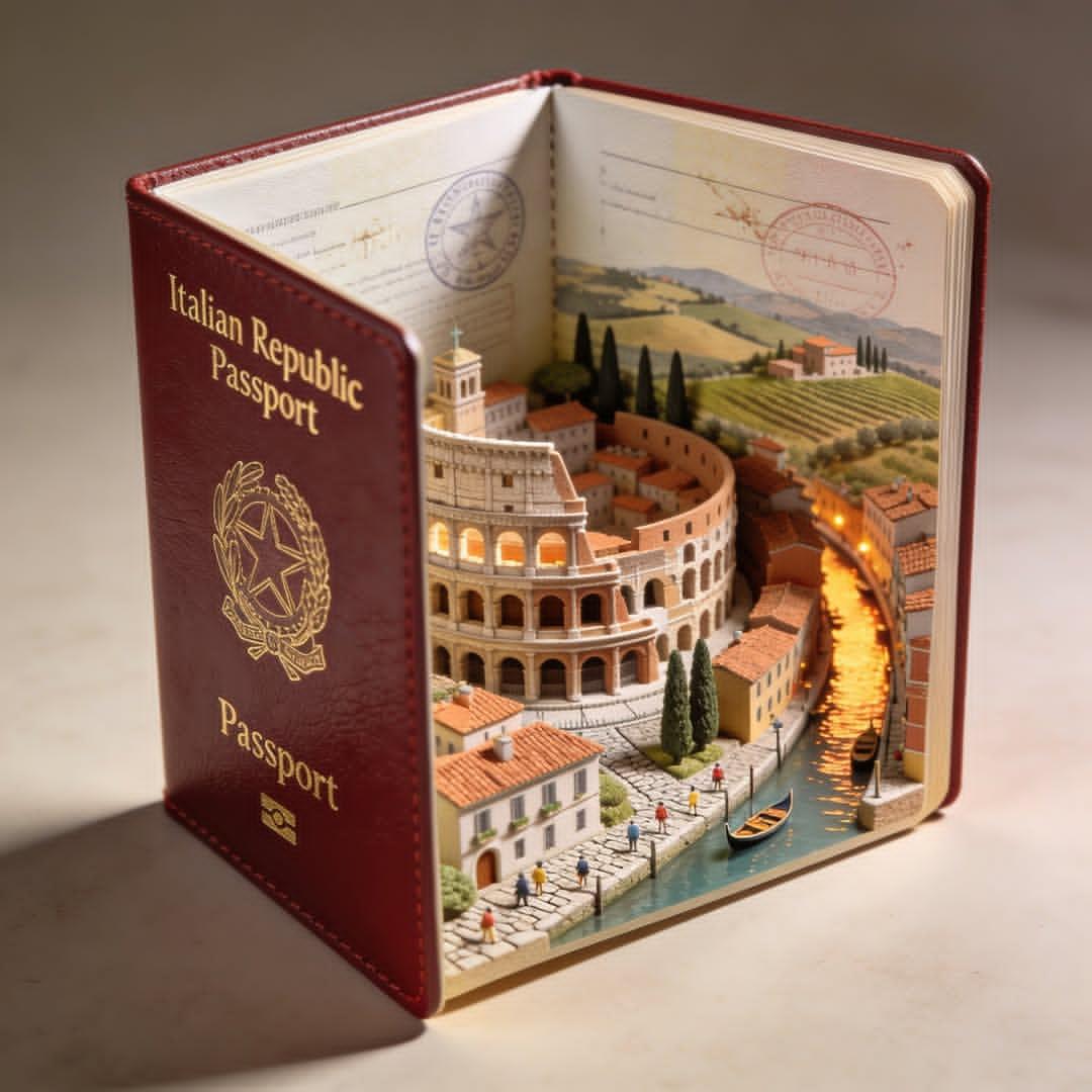 Hyper-realistic open [COUNTRY] passport on a studio surface, with gold