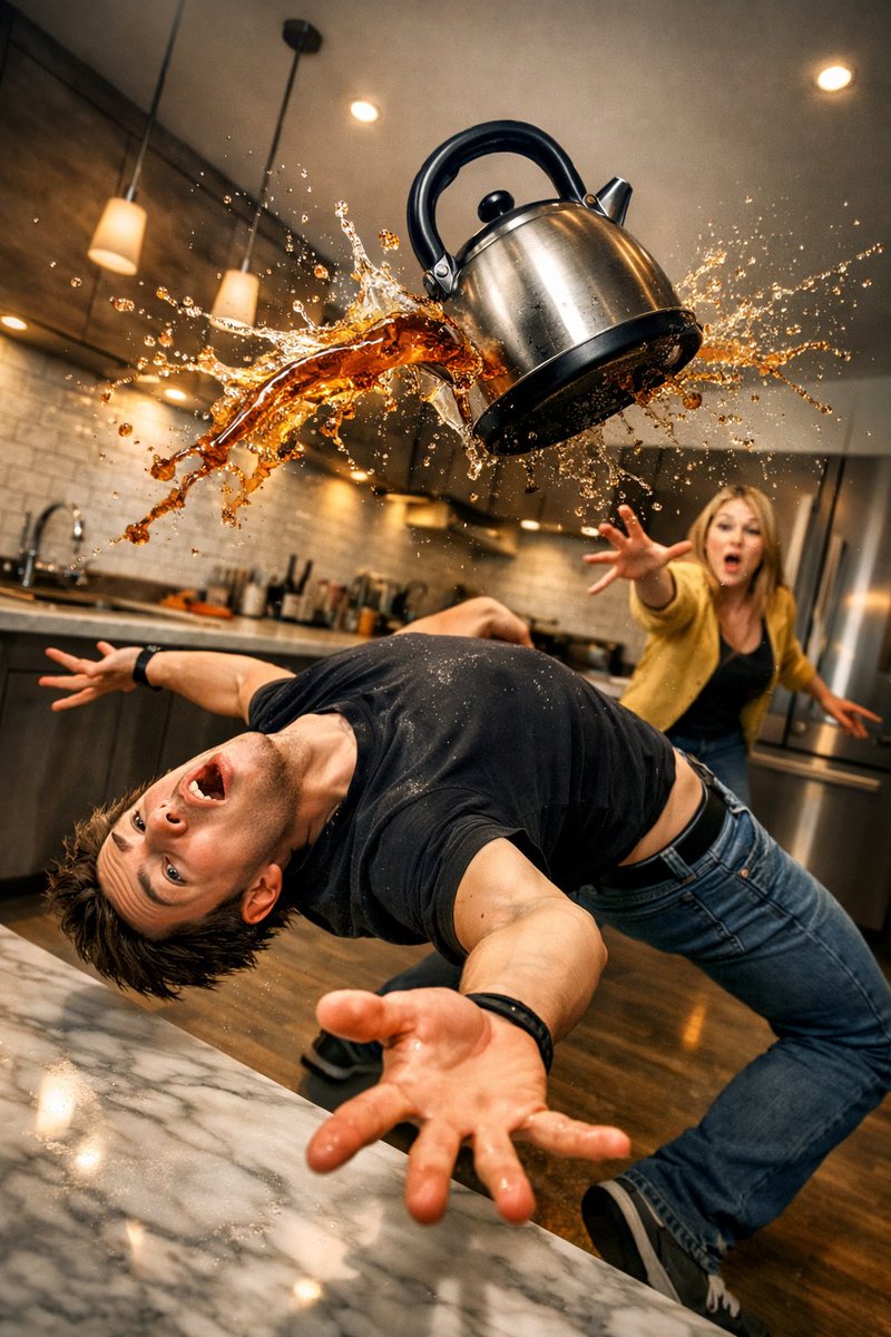 Surreal comedic scene inside a modern kitchen: a young man bends backw