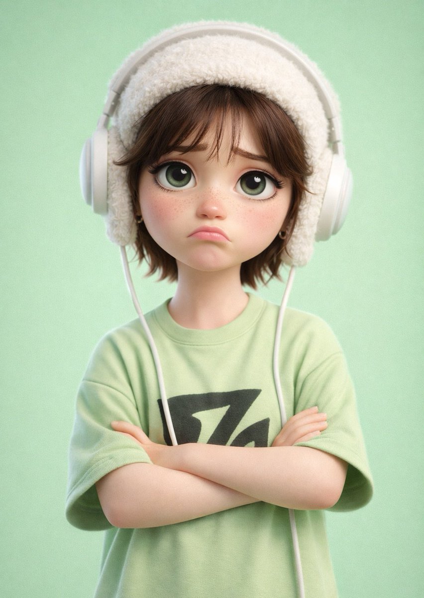 A stylized 3D cartoon character of a [PERSON] with big expressive eyes