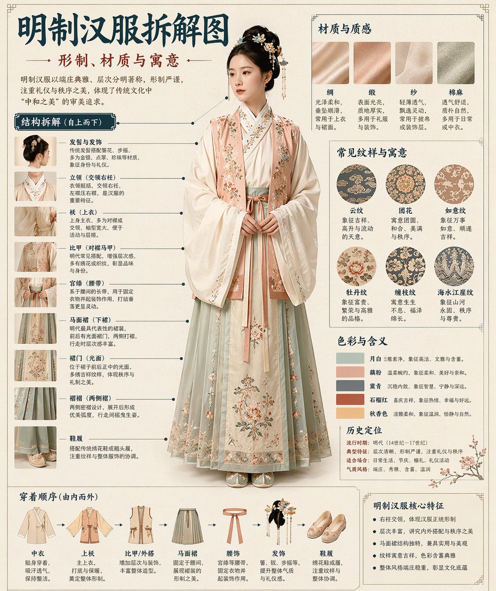 请根据[主题]自动生成一张[博物馆图鉴式中文拆解信息图]。 要求整张图兼具真实写实主视觉、结构拆解、中文标注、材质说明、纹样寓意、色彩含义
