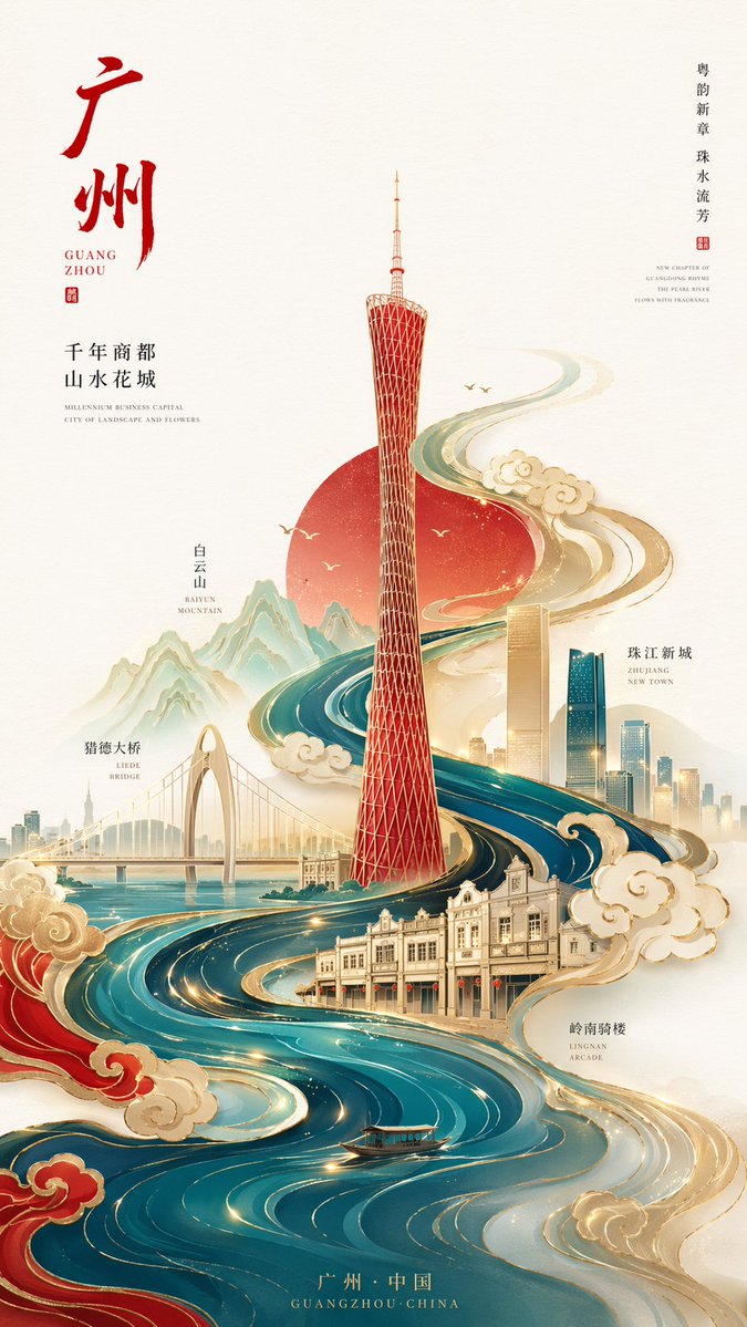 新中式极简风格高端城市海报，9:16竖版构图，以广州为核心主题，画面中心为抽象几何化的广州塔，造型简洁但具有辨识度， 整体采用S型流动构图