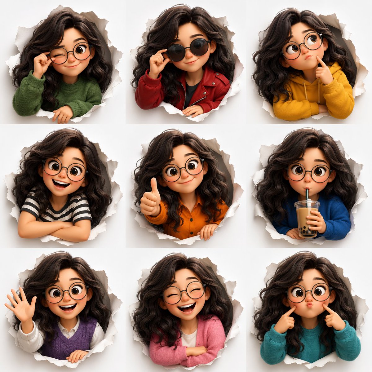3D Pixar-style expression sheet, cute stylized avatar with wavy dark h