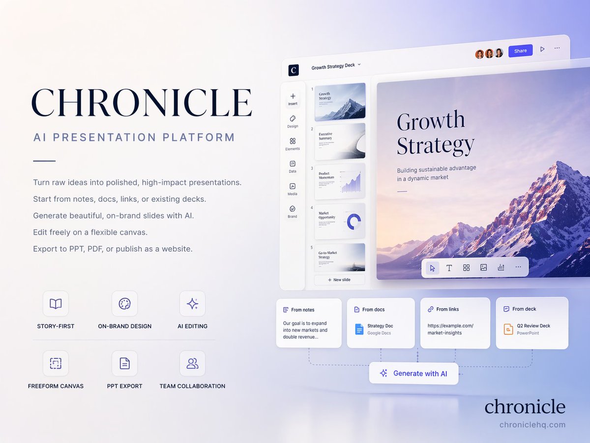 Create a premium 4:3 presentation cover slide introducing Chronicle, t