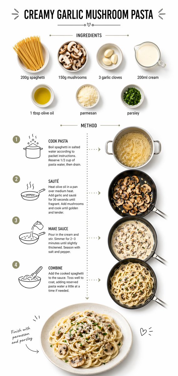 Create step-by-step recipe infographic for creamy garlic mushroom past