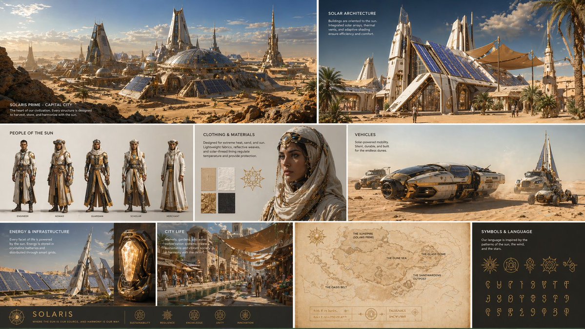 Create a complete visual worldbuilding set for a futuristic desert civ