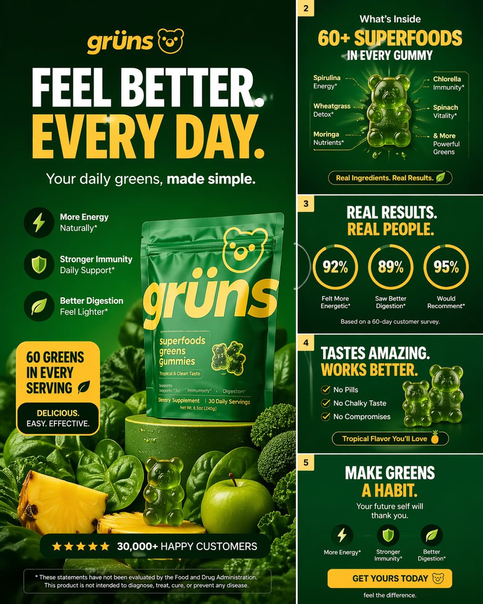 Create a high-converting carousel image for Grüns (greens gummies). Bo