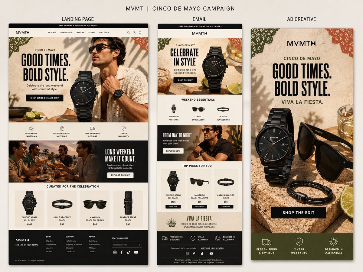 Create a premium presentation-style campaign board for MVMT’s Cinco de