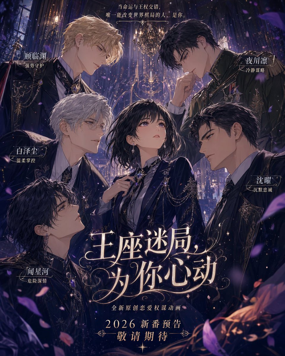 请创作一张【主题为：】的[乙女恋爱游戏主视觉海报]风格的二次元宣传图。 整体设定为：多位具有强烈权力感、领袖气场、成熟魅力的男性角色，围绕