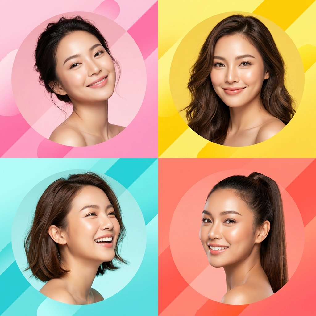 Ultra-modern high-end skincare advertising collage featuring four beau
