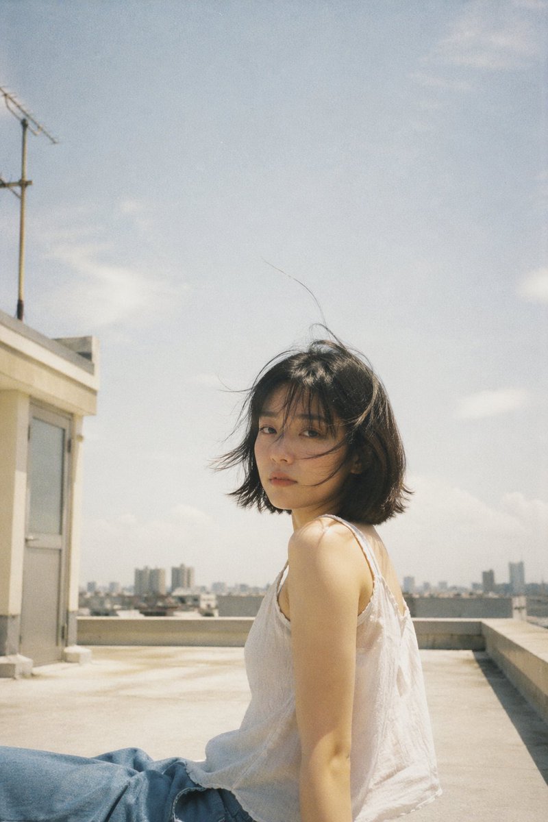 Japanese negative film aesthetic, rooftop summer scene, soft natural s