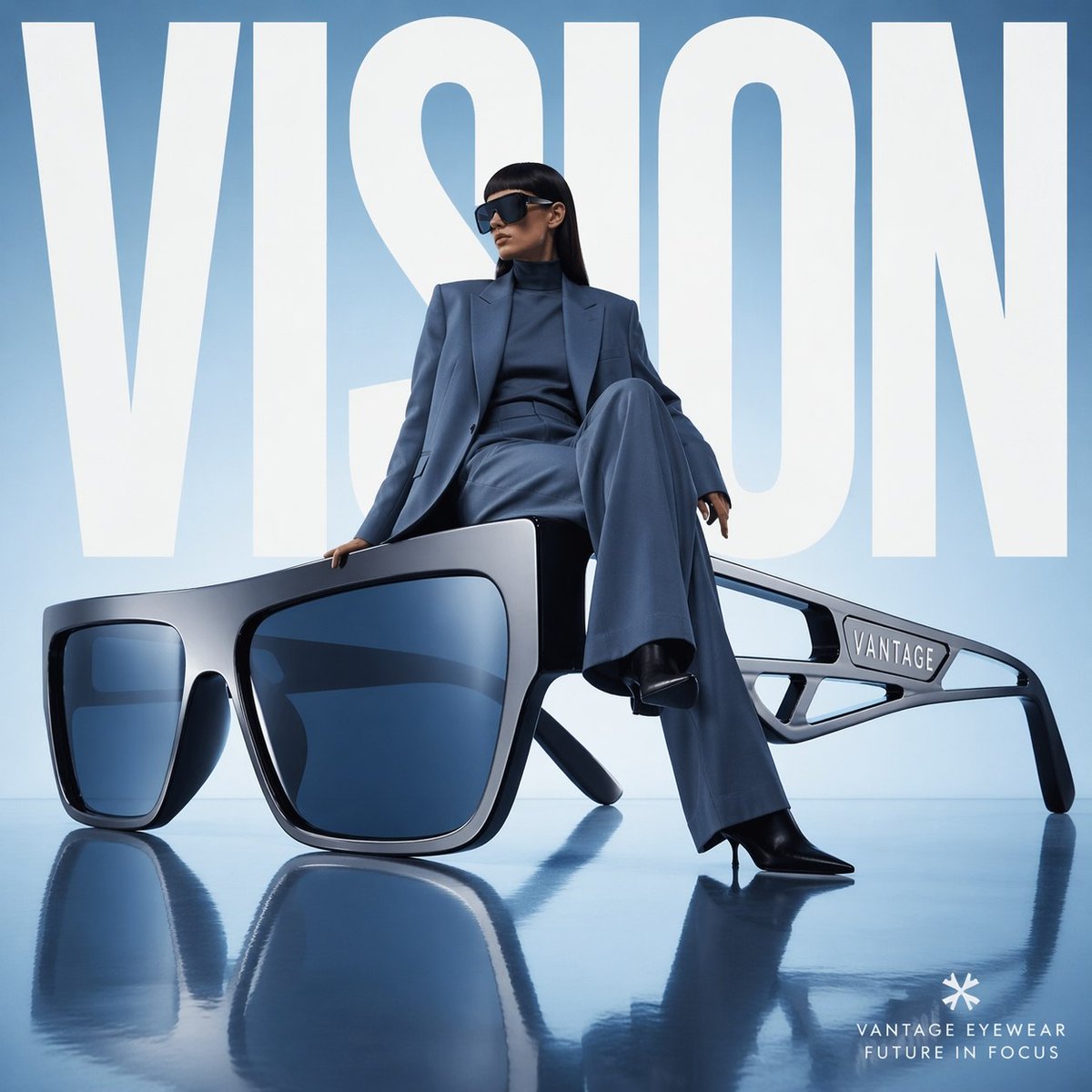 Avant-garde fashion advertisement, oversized futuristic sunglasses pos