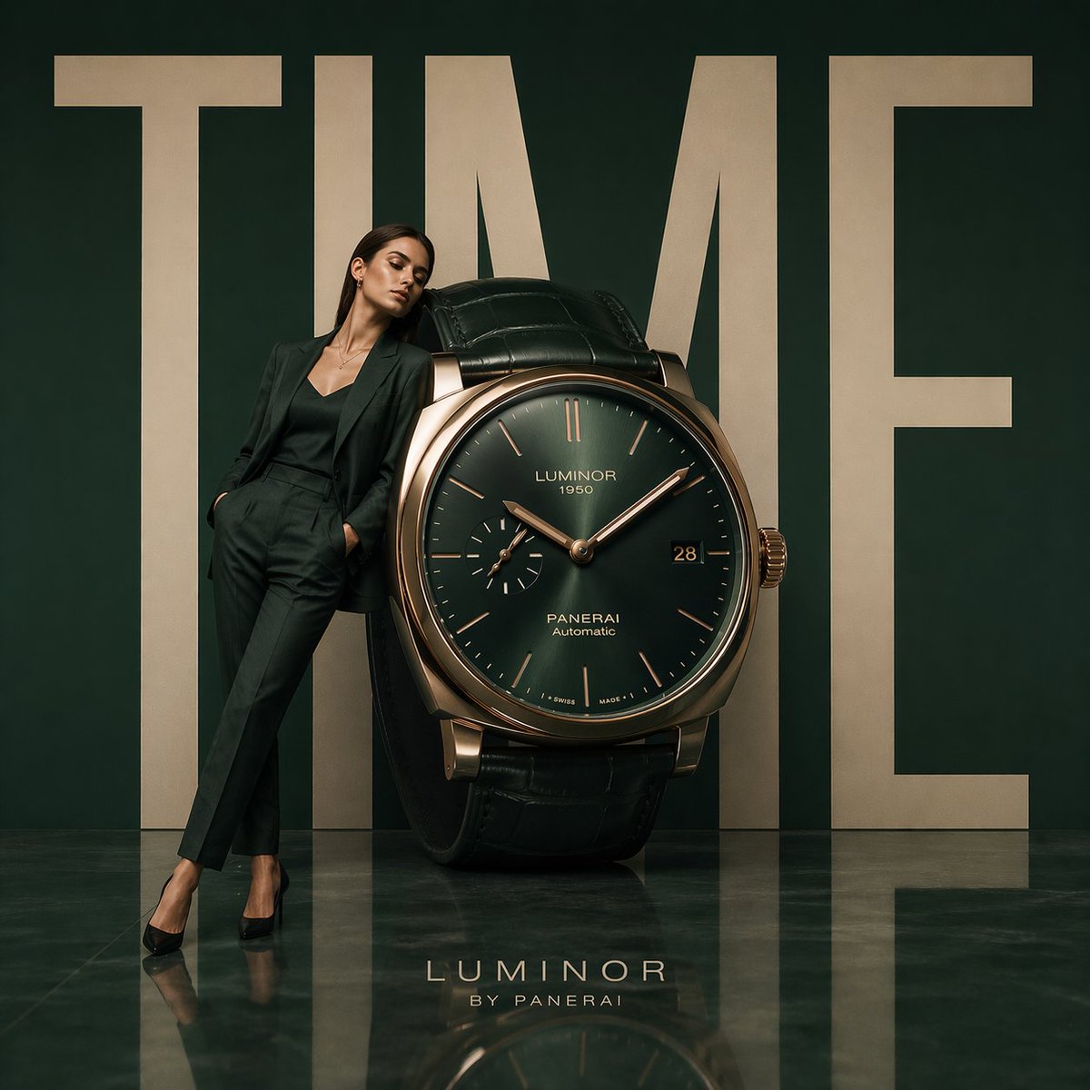 Minimalist luxury watch campaign, oversized wristwatch positioned like