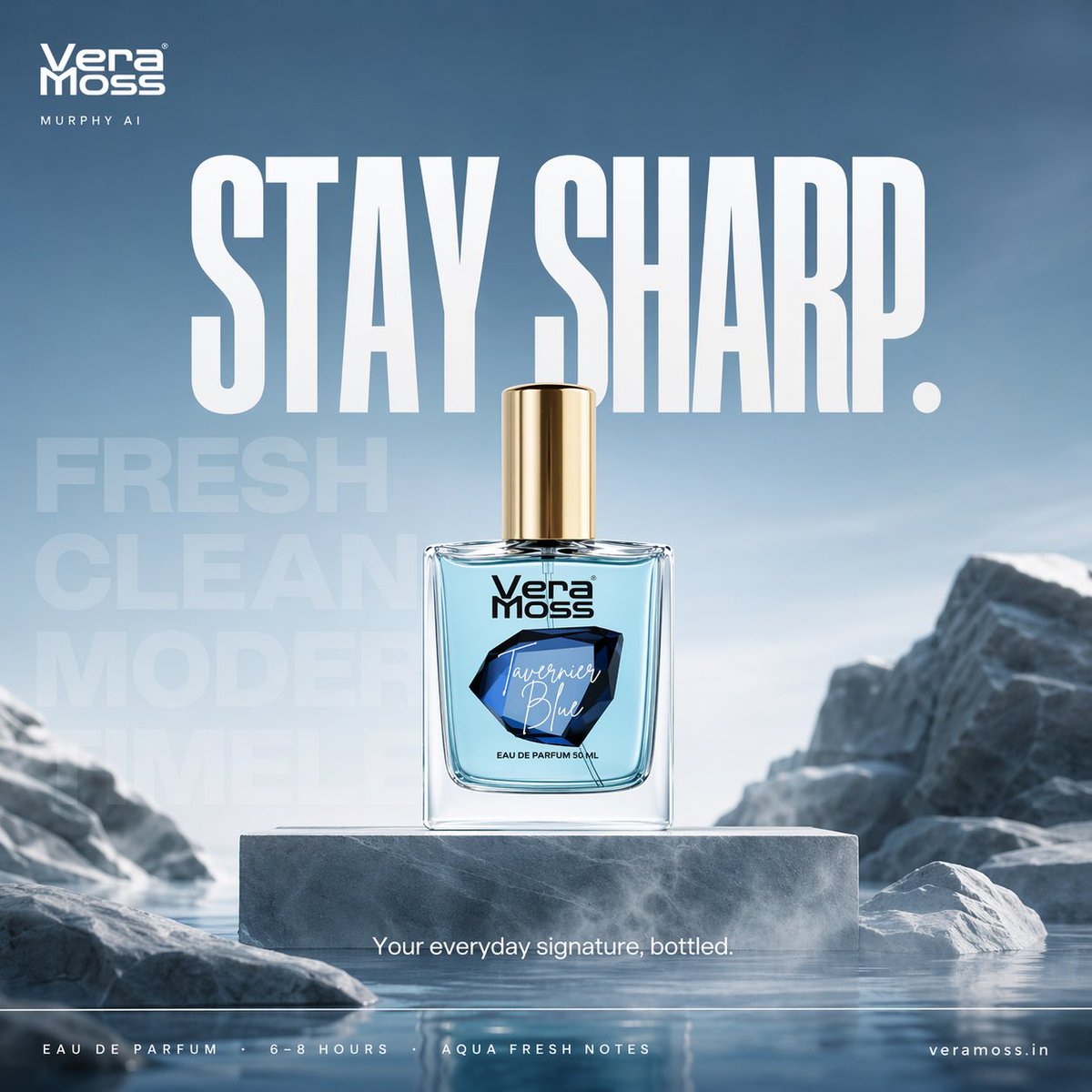 Hyper-realistic cinematic perfume billboard poster for Vera Moss Taver