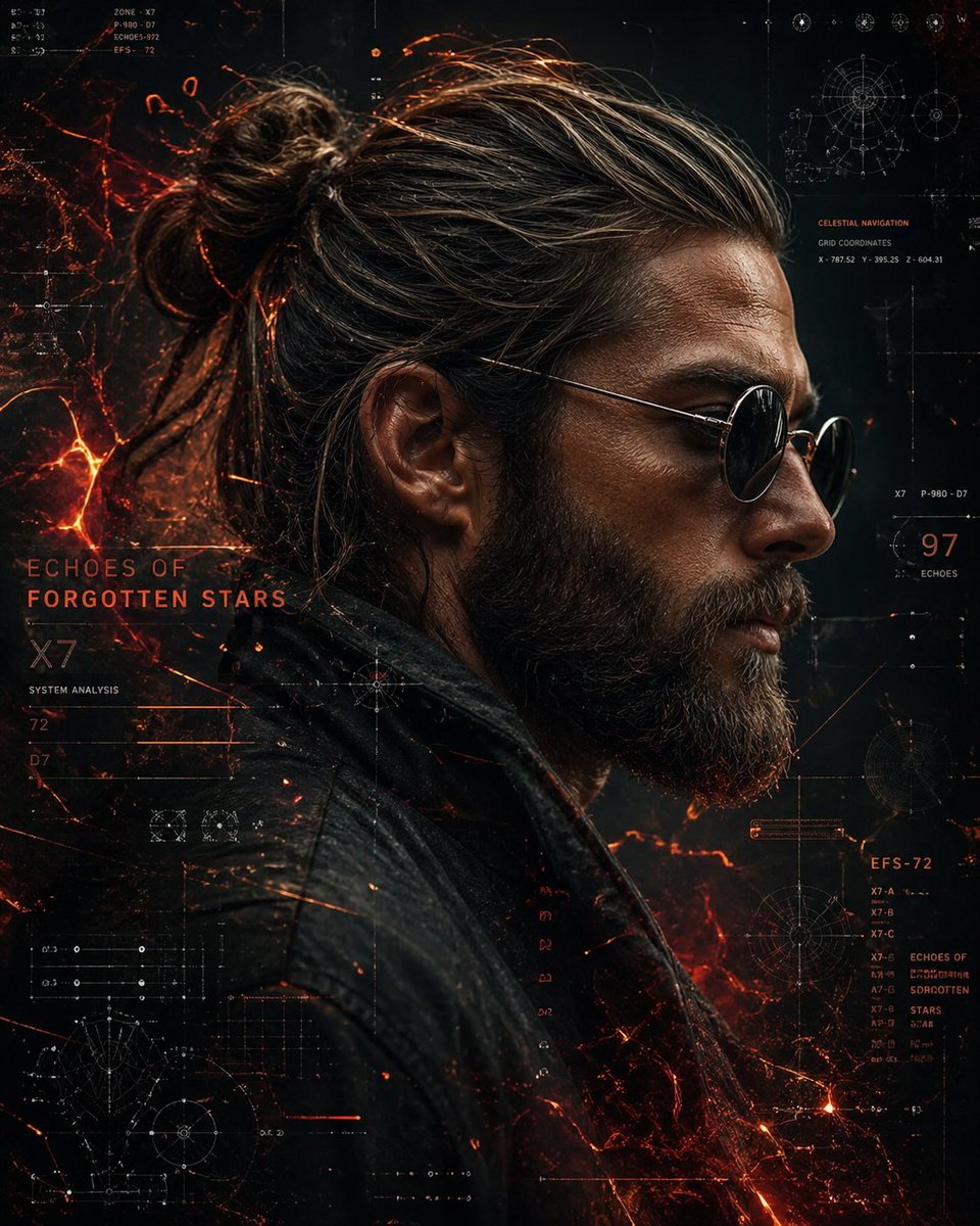 A cinematic side-profile portrait of a rugged man with a tied-back bun