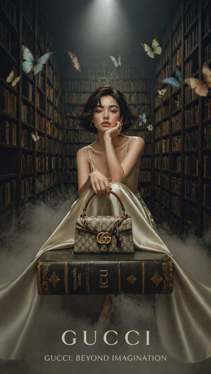 A cinematic luxury fashion editorial set inside a grand vintage librar