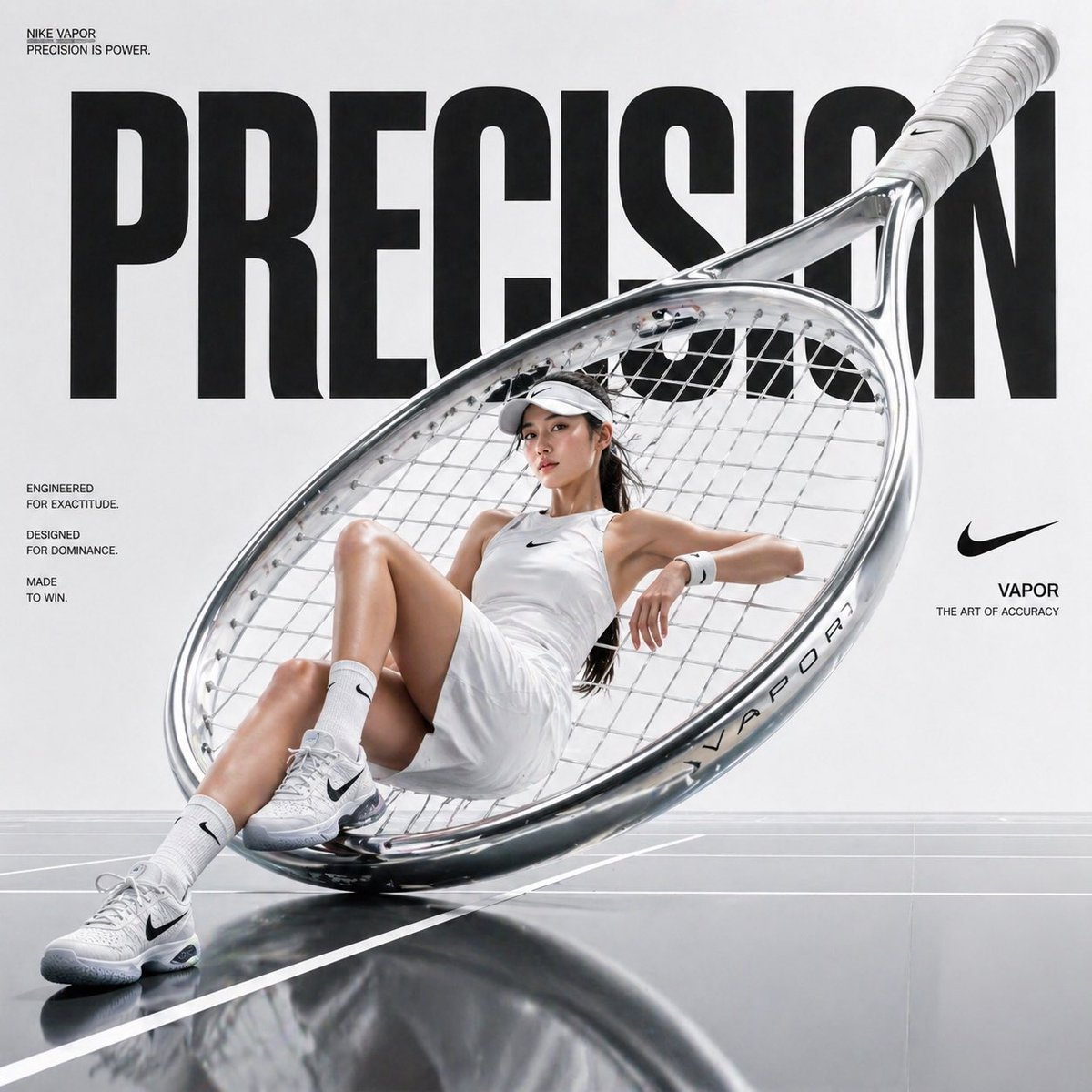 Avant-garde sports fashion advertisement, oversized tennis racket posi