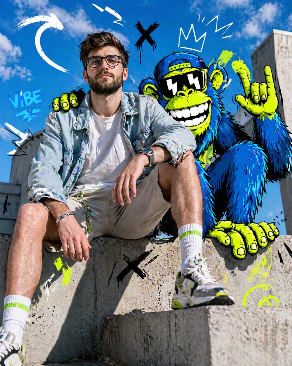 Full-body fashion editorial shot of a confident young person model sit