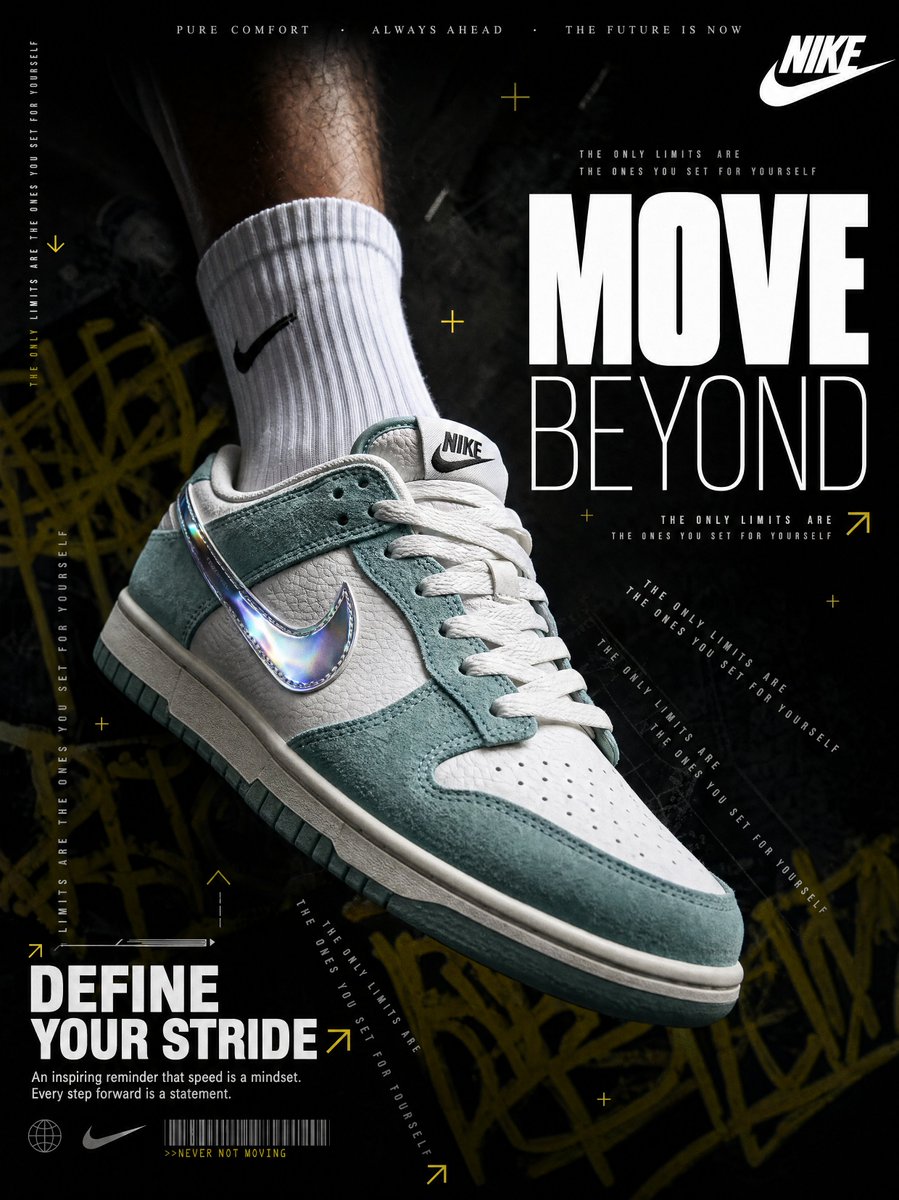 A hyperrealistic Nike sneaker advertisement shot in a dark, moody edit