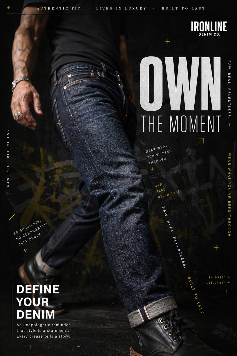 A hyperrealistic premium denim advertisement shot in a dark, moody edi