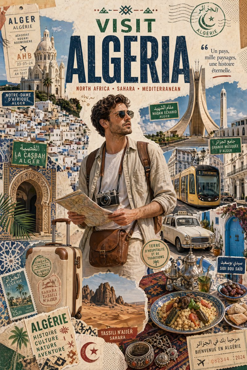 Create a stylized travel poster / graphic collage for [ALGERIA]. The m