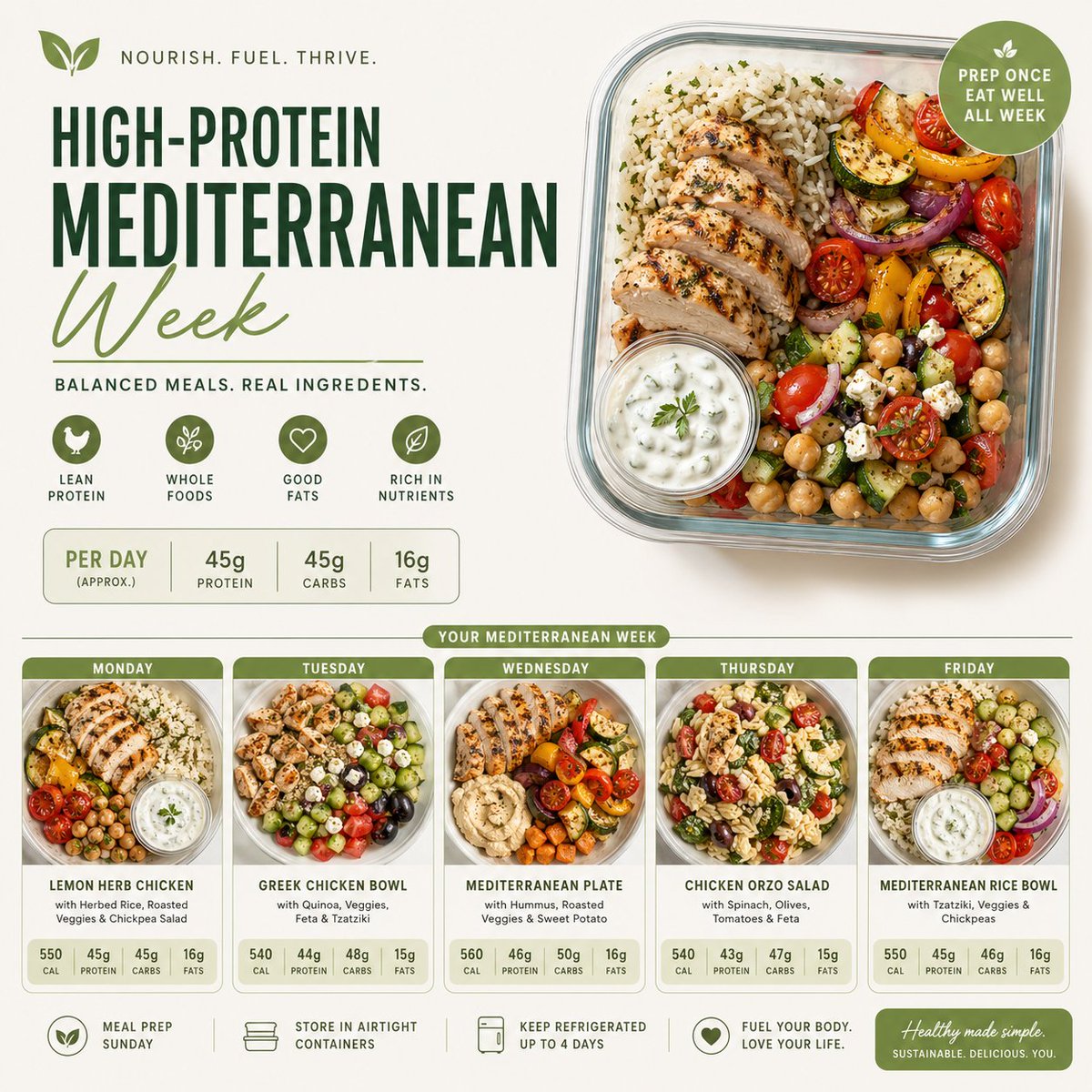 Clean & appetizing meal prep layouts Design a minimalist healthy meal