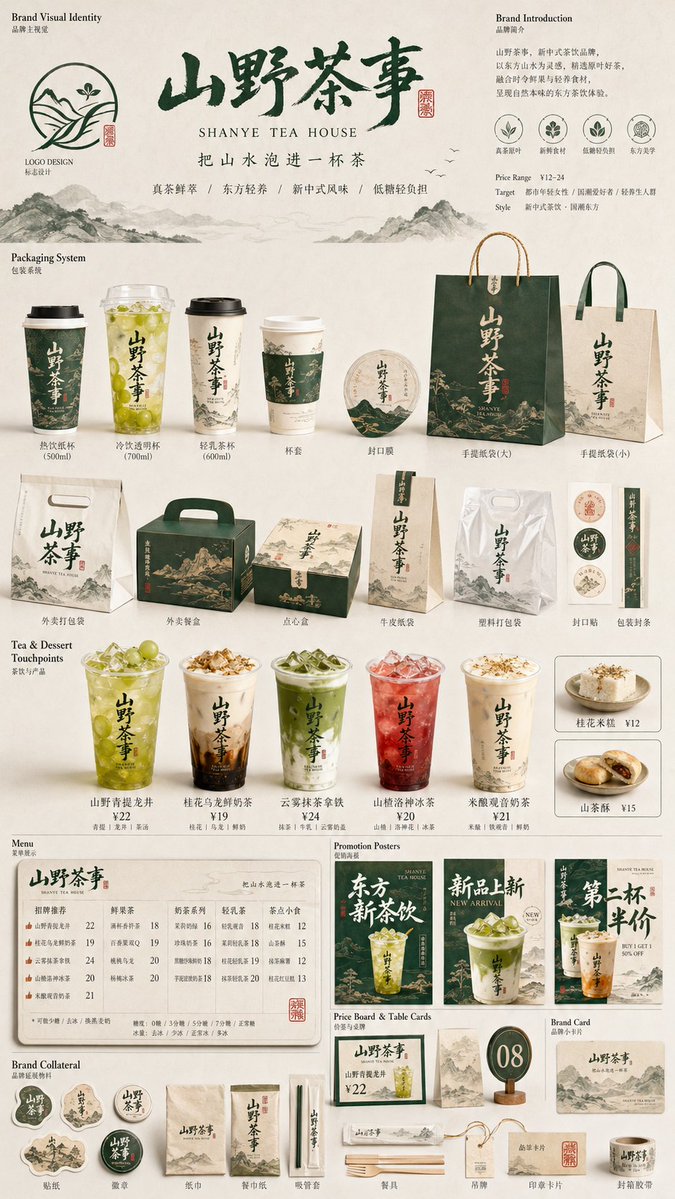 生成一张[餐饮品牌触点矩阵]系列视觉图，用于展示一个完整的餐饮品牌视觉系统与包装应用方案。 这是一个面向餐饮行业的品牌VI样机展示板 /