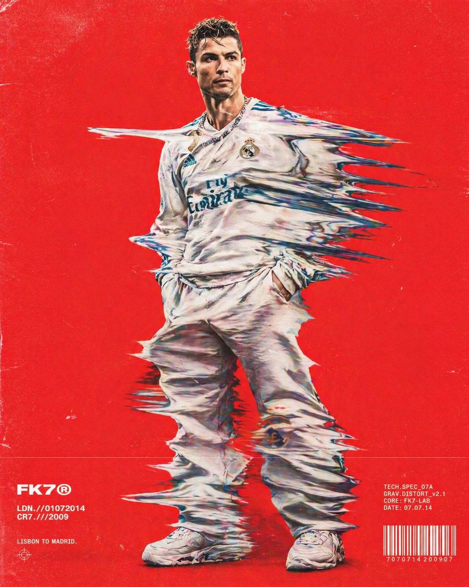 Hip-hop fashion model standing full-frame, clothing distorted into str