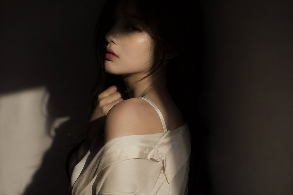 editorial portrait, Korean female idol, subtly sensual outfit: silk s