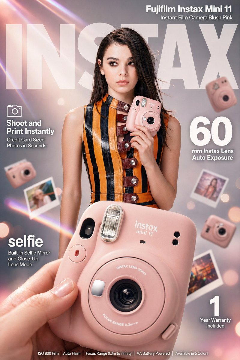 High-impact e-commerce infographic advertisement for "Fujifilm Instax