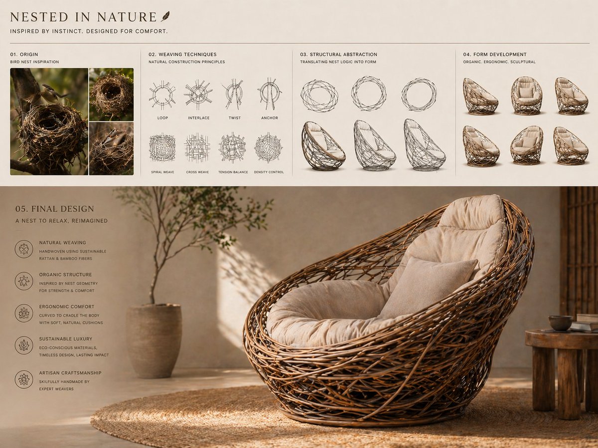 Conceptual transformation, bird nest construction techniques shaping a