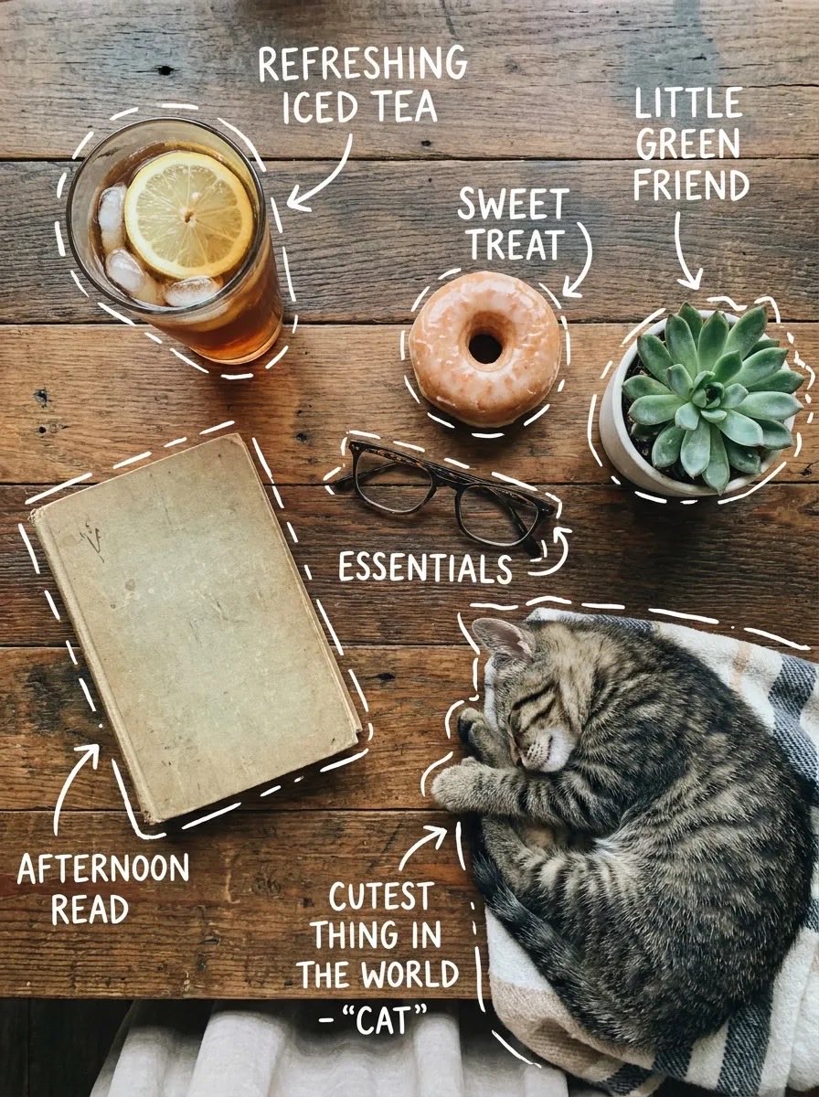Top-down flat lay on a rustic wooden table, cozy aesthetic, soft natur