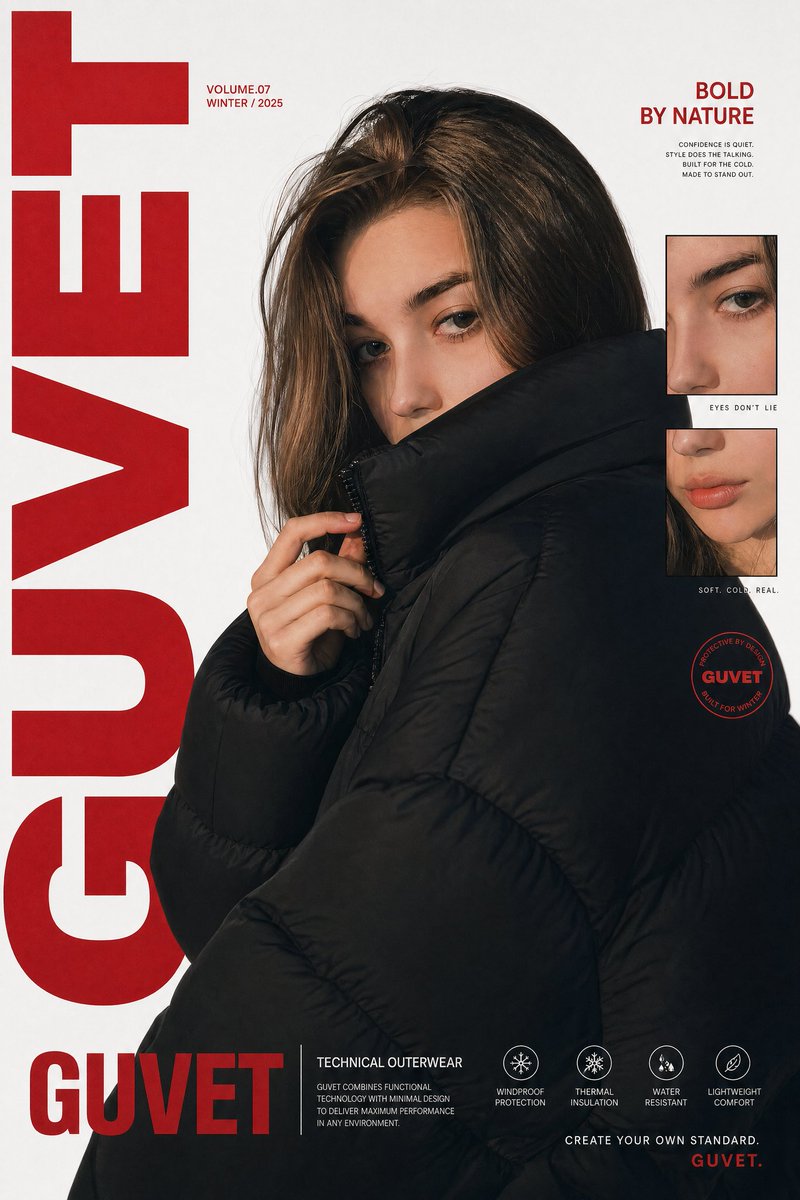 A bold fashion editorial poster featuring a young woman model in a clo