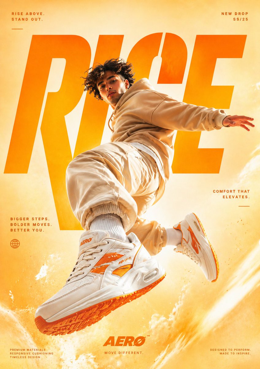 A cinematic, high-end sneaker advertisement poster featuring a young m
