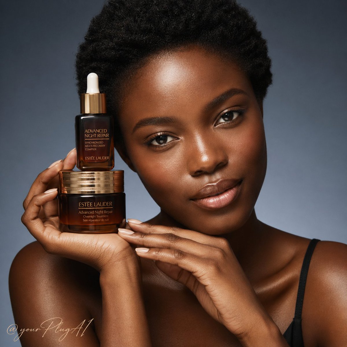 A high-end luxury skincare campaign portrait featuring [MODEL_DESCRIPT