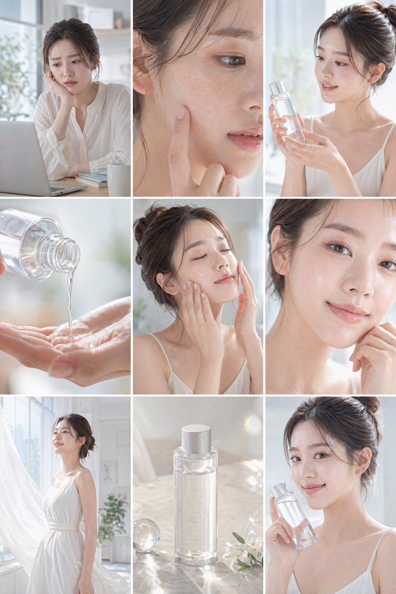 Create a clean, bright skincare commercial storyboard in a 16:9 layout