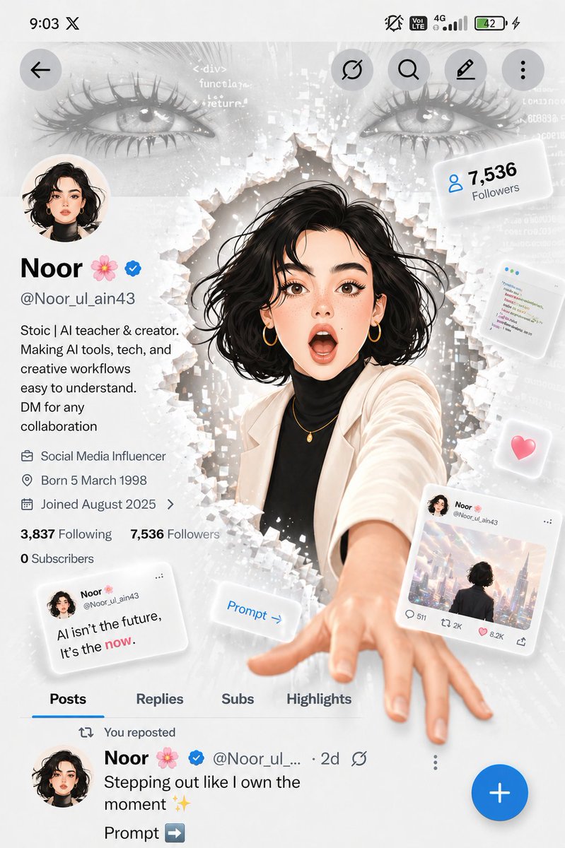 A futuristic social media profile UI in a clean white minimal aestheti