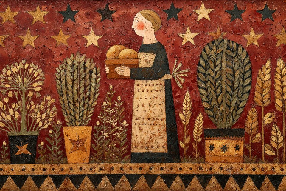 A naive folk art painting of [subject], surrounded by symbolic plants,