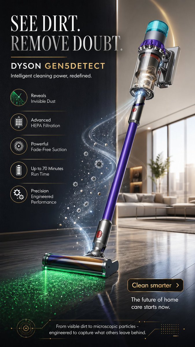 Create a visually brilliant 9:16 premium advertising poster for "DYSON