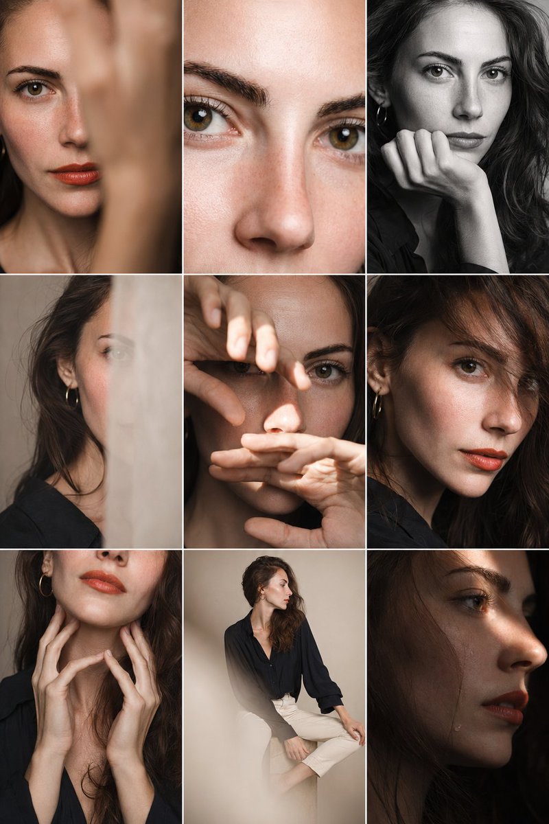 Editorial 3x3 photo grid in a clean soft beige studio. Character (matc