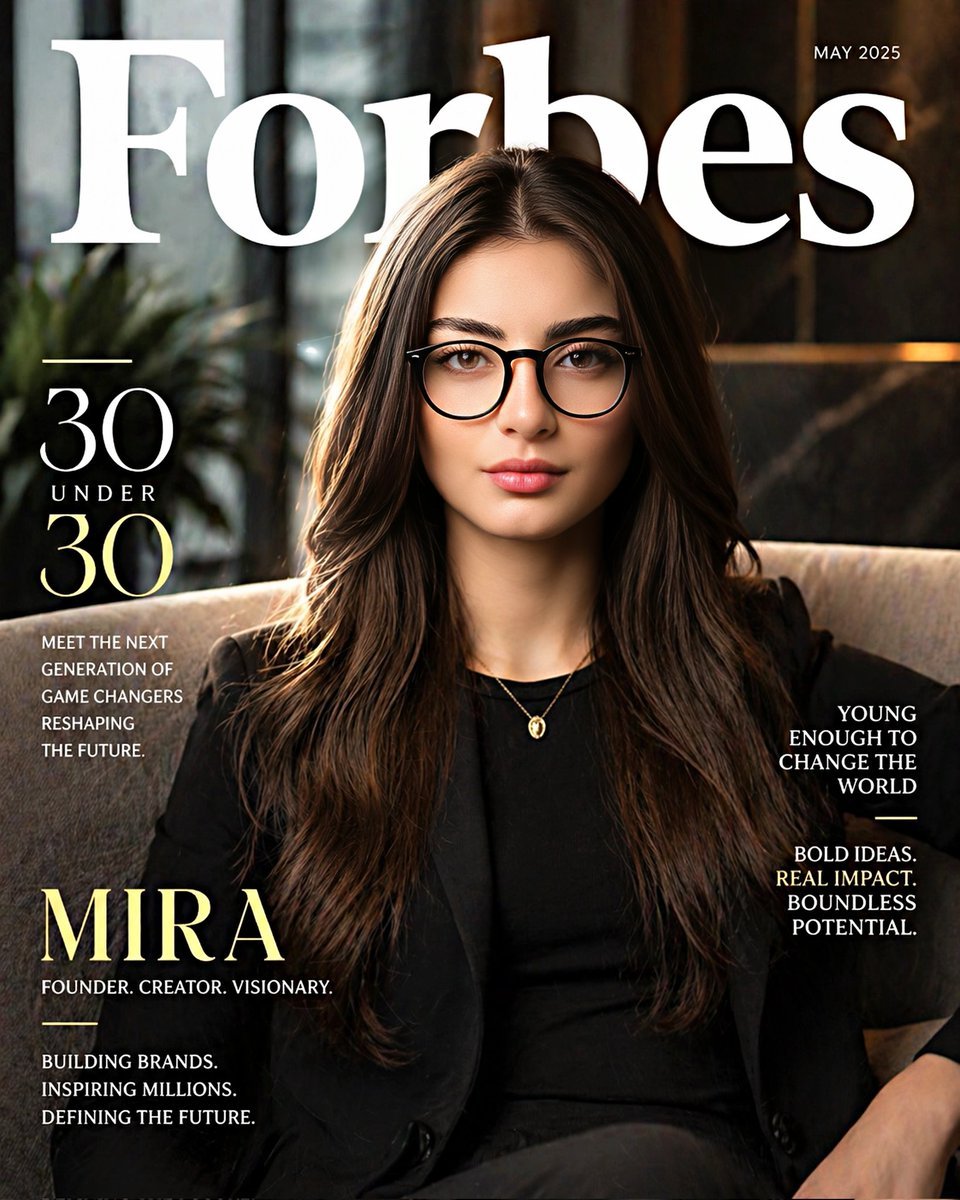 Create a hyper-realistic Forbes “30 Under 30” magazine-style portrait