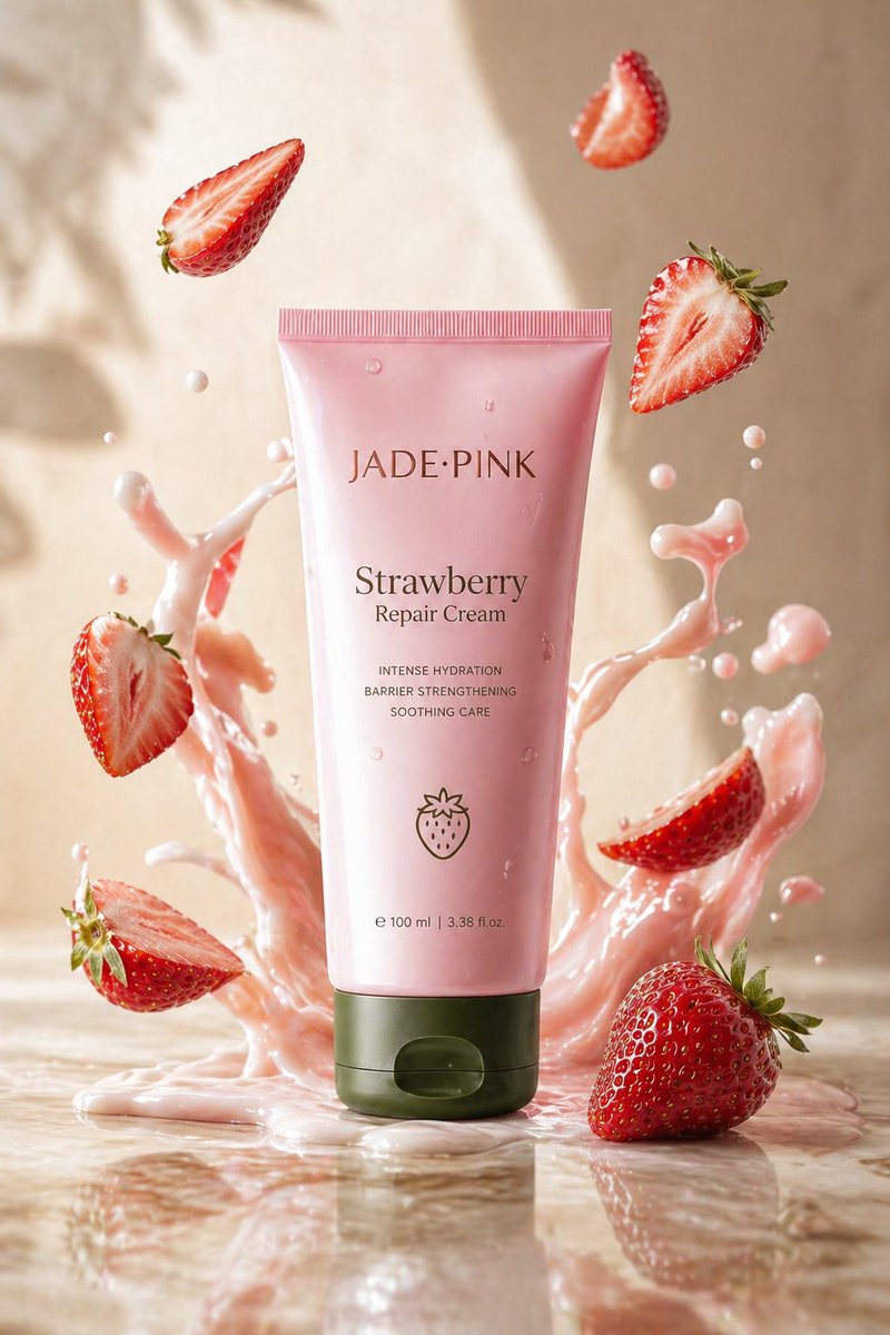 A sleek jade-pink tube labeled "Strawberry Repair Cream" upright on gl