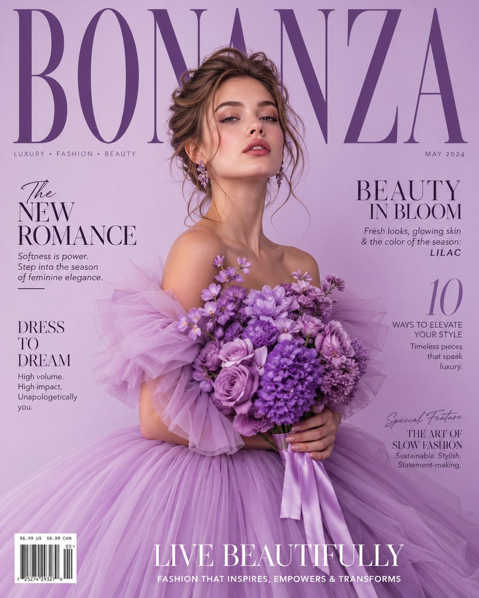 A luxury high-fashion magazine cover in a soft light purple (lavender)