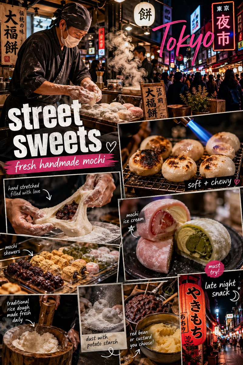 A vibrant Tokyo street food scene focused on Japanese mochi desserts,