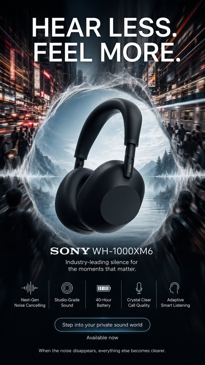 Create a high-end 9:16 vertical advertising poster for "SONY WH-1000XM