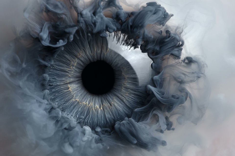 A [subject] emerges from swirling liquid plumes suspended in milky wat